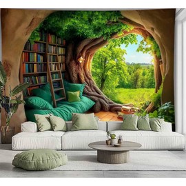 FENDROM Fantasy Library Tapestry For Classroom, Vintage Mysterious Tree Cave Bookshelf Aesthetic Tapestries, Witchy Fairytale Tree Bookshelf Book Art Wall Hanging College Room Bedroom
