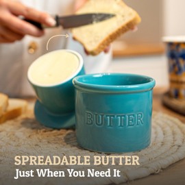 PriorityChef French Butter Crock with Lid, Get on Demand Spreadable Butter, Ceramic Butter Keeper to Leave on Counter with Water Line, Turquoise