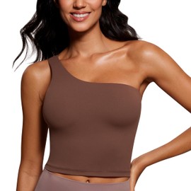 CRZ YOGA Butterluxe One Shoulder Longline Sports Bra for Women - Asymmetrical Yoga Bra Workout Crop Built in Bra Tank Tops Coffee Brown X-Large