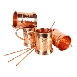 JYPR Set of 4 Hammered Moscow Mule Mugs | HANDCRAFTED [Gift Set] Pure Copper Solid Cups | 20 OZ Large Copper Tankard Mugs With 4 Copper Straws