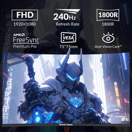 Great voell 27 Inch Farmless Gaming Monitor, 240Hz 1ms FHD 1080P, 1500R VA Panel, FreeSync, 2X HDMI 1.4 & 2X DP 1.2, 100% sRGB, 90% DCI-P3, Frameless Design, VESA Mount, Metal Stand – Black