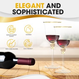 BERKWARE Premium Wine Glasses Set of 6 - Crystal Long Stem Wine Glass with Gold Rim & Rhinestone Design - 18 oz