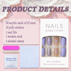 Valentines Day Fake Nails Medium Square Press on Nails Purple Glitter Full Cover Heart False Nails with Bling Designs Glossy Stick on Nails Acrylic Manicure Artificial Nails for Women Girls 24Pcs