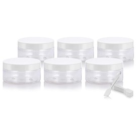 Clear PET Plastic (BPA Free) Refillable Low Profile Jar with White Lid - 8 oz (6 Pack) + Spatulas