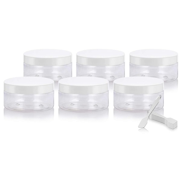 Clear PET Plastic (BPA Free) Refillable Low Profile Jar with White Lid - 8 oz (6 Pack) + Spatulas