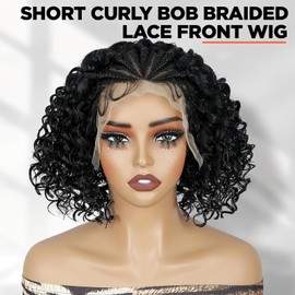 WIGER Short Curly Lace Frontal Wigs for Black Women Braided Cornrow Curly Bob Wig Natural Black Glueless 13X4 Lace Front Wig With Baby Hair 1B Knotless Synthetic Deep Curly Wig