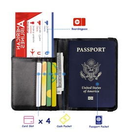 TOURSUIT RFID Blocking Passport Holder for Women Men, Leather Passport Travel Wallet with Metal 3D Metal Badge, Travel Document Holder Cover Accessories (Black)