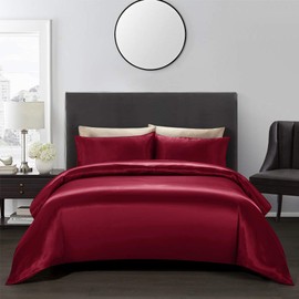 AiMay 3 Piece Satin Duvet Cover Set Bedding Sets Queen Burgundy 1800 Series Luxury Rich Silk Silky Super Soft Solid Color Reversible Honeymoon Wrinkle Free (Queen, Burgundy)