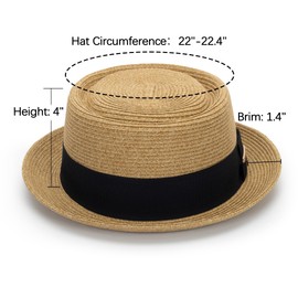 Men-Women-Summer-Straw-Pork Pie Hat - Classic-Short Brim-Boater Fedora-Sun Hat-UPF50+ Beach-Hat Khaki