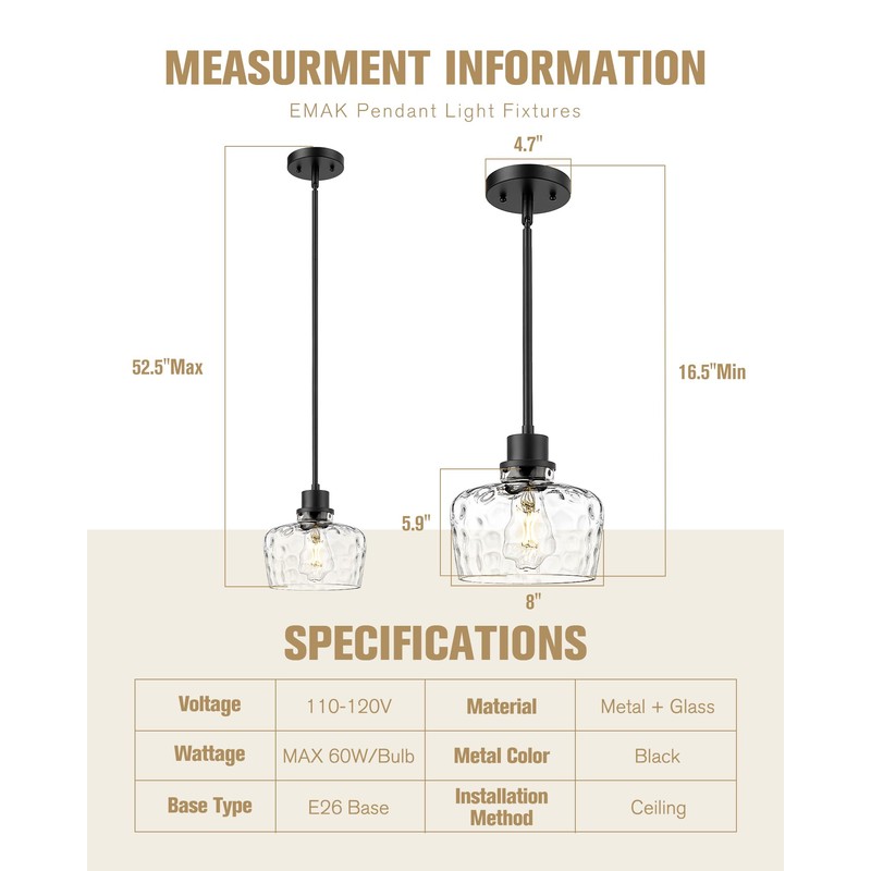 Emak 8 Inch Pendant Lights Kitchen Island, Black Pendant Light