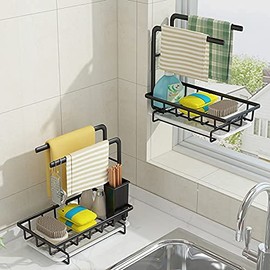 Klivien - Stainless Steel Dish Drainer Sink Organiser Kitchen Shelf with Towel Holder Towel Holder No Drilling Black