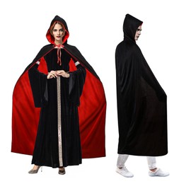 Vampire Cloak Holloween Black Red Hooded Reversible Cape, Unisex Witch Capes for Cosplay Party,Chirdren kids costume (Small-90cm long for Children)