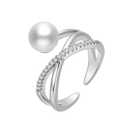 C.Seize 14K Gold Plated X Rings Natural Freshwater Pearl Rings CZ Cross Stacking Dainty Rings for Women Jewelry