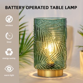 Battery Operated Table Lamp, Cordless Lamps for Home Décor, Nightlight with LED Bulb with Timer for Living Room Bedroom Tabletop Entryway Centerpiece Gift(S Green)
