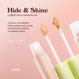 EVIE | Corrector Hide & Shine Light Con Protector Solar SPF +30 | Maquillaje de Cobertura Media | Corrector de Ojeras | Formula Hidratante con Extracto de Pepino