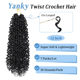 Yanky Twist Crochet Hair Pre Looped 12 Inch Spring Twist Synthetic 7 Packs Mini Passion Twist Hair Extensions Curly Ends, 1B