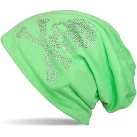 styleBREAKER Classic Beanie Hat with Skull Rhinestone Appliqué, Unisex 04024034, Neon Green Lightweight