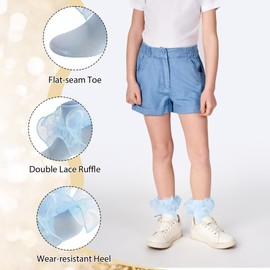 MKYSZLT Girls Ruffle Socks Toddler Girl Frilly Dress Socks Double Lace Big Ruffles Fold Over Church Fancy Sock for Baby Kids (US, Age, 8 Years, 10 Years, light blue - 1 pair)