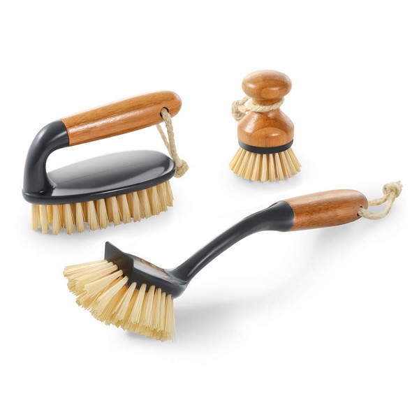 MASTERTOP 3PCS Natural Bamboo Brush Set, Household Kitchen Bathroom Cleaning, Dish Brush Pan Brush Floor Brush Scrub Brushes for Dishes, Pots, Pans