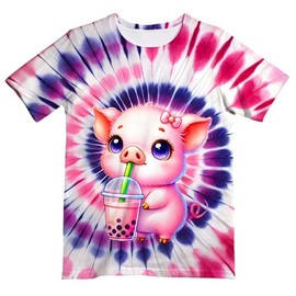 UGTEWXU Kids Pink Purple Tie Dye Shirt for Girls Boys Pink Pig Shirts Girl Pink T-Shirt Hippes Tee 6-16 Years Age Size Small