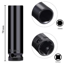 Juttzzei 1/2 Inch Drive 15mm Deep Impact Socket - Heat-Treated CR-V Steel, 78mm Length, 6-Point Metric Sizes for Car & Home Repair