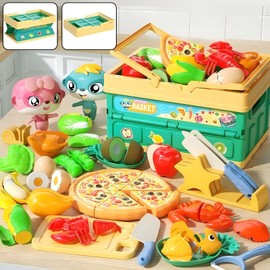 38 Pcs Play Food Sets for Kids Kitchen,Pretend Toy Foods with Folding Basket,Cutting Fruits and Vegetables Kitchen Toys,Educational Toddler Birthday Gift for 3 4 5 6 7 8 Years Old