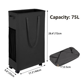 75L Foldable Laundry Basket with Wheels -Slim Laundry Clothes Sorters Space-Saving Hamper for Dorm, Corner - Black
