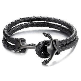 COOLSTEELANDBEYOND Steel Mens Women Black Marine Anchor Bangle Bracelet Genuine Black Braided Leather Wristband(CA)