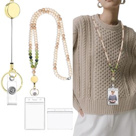 JAONLD Natural Wooden Beads ID Card Holder Long Extendable Lanyard with 2 Waterproof Card Case ID Cover Lanyard Girls Suitable for Women, Teachers, Nurses, Doctors, Students