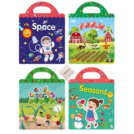 GGFSSQ Reusable Sticker Book - 15 Theme Kits Cognitive Enlightenment Themed Stickers - For Toddlers 3+ Years, Puffy Stickers For Toddlers (Space+Farm+Seasons+Insects)