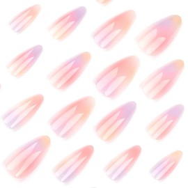 Colorful Ombre Press on Nails Medium Almond Fake Nails Glossy False Nails with Design Gradient Color Glue on Nails Reusable Artificial Acrylic Full Cover Stick on Nails for Women Girls Manicure 24Pcs