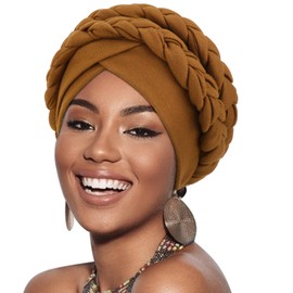 DRESHOW African Women's Turban Double Braid Headwear Headwear Chemo Cap Pre-Tied Beanie Hat Head Wrap Sleep Hat, 1 x double twisted braid hat: brown
