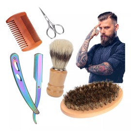 Veraly Kit 5p Cuidado De Barba Cepillo Bambú Tijera Navaja Brocha F