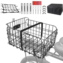Bike Basket Rear,Foldable Large Capacity Rear Bike Basket,Rear Bicycle Basket with Waterproof Cover & Cargo Net for Shopping,Outings,Pets Bike Accessories