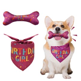Dog Birthday Bandana,Dog Birthday Girl Bandana Set With Toy Bone,Birthday Girl Bandana Triangle Scarf,Puppy Birthday Suit and Decoration,For small dogs, medium dogs, large dogs and cats (pink)