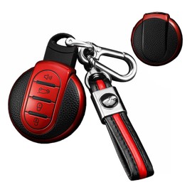 SANRILY Leather Texture Key Fob Cover for Mini Cooper Clubman Countryman Convertible Hardtop F54 F55 F56 F57 F60 Key Accessories Keyless Full Protection Smart Key Case Shell with Keychains Red