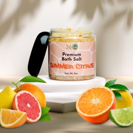 360Feel Summer Citrus Bath Salt - Face & Body Scrub - All Natural, Vegan, & Cruelty-free Exfoliator - Moisturizing Bath Soak for Rejuvenating Skin - Essential Oils - 8 Oz Jar