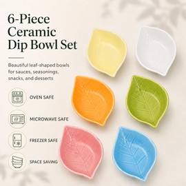 JEORGU 6pcs Ceramic Dipping Bowls, Solid Multicolor Leaf-Shaped Soy Sauce Dish for Sushi, Hot Pot, Mini Condiments, Jam, Snacks, Microwave & Dishwasher Safe