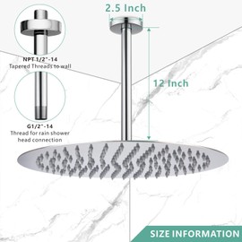 Voolan Shower Arm with Flange, Ceiling Mounted Fixed Shower Pipe, Bathroom Straight Rain Shower Replacement Arm, Universal Connection 1/2 NPT (12 Inch, Chrome)