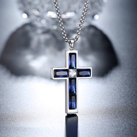 BAMIKI Cross Necklace for Men, Created Sapphire Blue Cross Pendant Necklace, Mens Crystal Zircon September Birthstone Stainless Steel Necklace Faith Jewelry Gifts, Box Chain 24 Inch