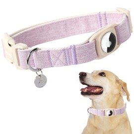 DOGWONG Airtag Cotton Hemp Dog Collar, Heavy-Duty with Airtag Holder, Purple, Large, Checkered, Unisex, Real-Time Pet Location Tracking