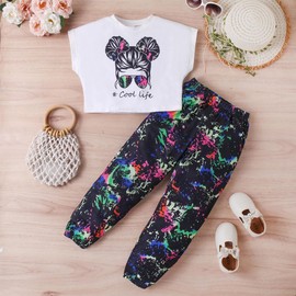 KONFEN Girls Hip Hop Clothes Set, Crop Top + Pants with Pocket Set Street Outfit, Cropped Short Sleeves T Shirt and Camouflage Jogger Pants 2PCS Sports Suit Summer, Black for 5-6 Years