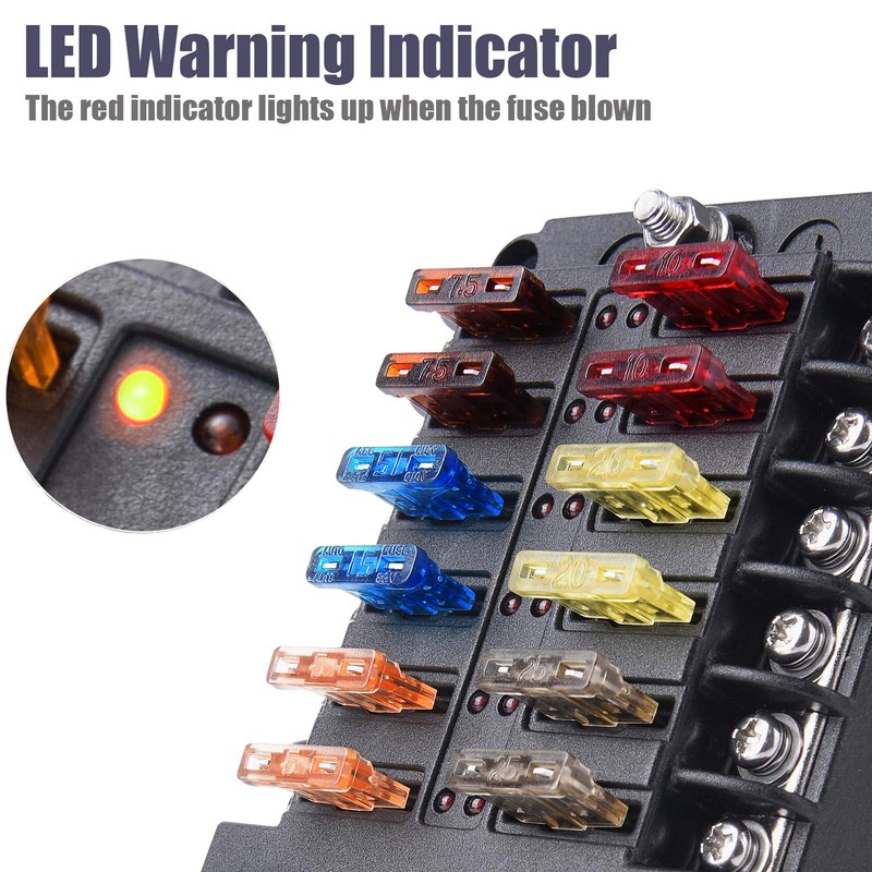 MICTUNING 12-Way Fuse Block Holder-Blade Fuse Box Screw Nut Terminal