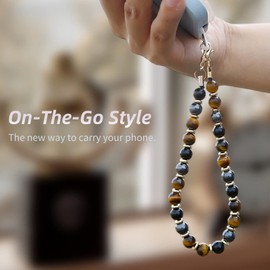 Lostars Marble Beaded Phone Wrist Strap,Detachable Phone Bracelet Strap with Tether Tab,Hands-Free Wristlet Strap (Yellow Tiger Eye)