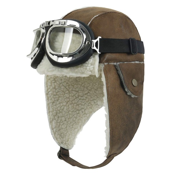 ililily Aviator Hat Winter Snowboard Fur Ear Flaps Trooper Trapper Pilot Goggles, Light Brown/White