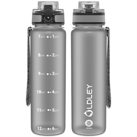 OLDLEY 32 oz Water Bottle, Motivational Water Bottle with Time Marker, Sports Water Bottle With Strap, Leakproof & BPA Free Large Water Bottles for School, Gym, Travel, Outdoor, Tritan,Gray