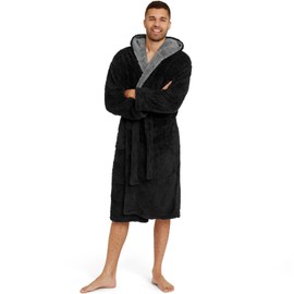Snuggaroo Mens Soft Fleece Hooded Dressing Gown - Black/Grey - XL