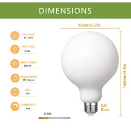 2 Pack G30(G95) Globe LED Light Bulbs, 5.5W Dimmable 50 Watt Equivalent LED Edison Bulbs, Warm White 2700K, 500LM, E26 Base, Milky LED Filament Bulbs for Vanity Bathroom Bedroom