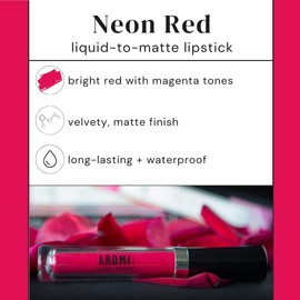 Aromi Matte Liquid Lipstick | Bright Magenta Red Lip Color, Long-Lasting, Transfer and Smudge Proof, Waterproof, Paraben, Phthalate, + Gluten Free (Neon Red)
