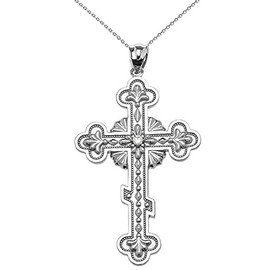 Religious Jewelry by FDJ Solitaire Diamond Elegant Eastern Orthodox Cross Pendant Necklace in Sterling Silver 20"